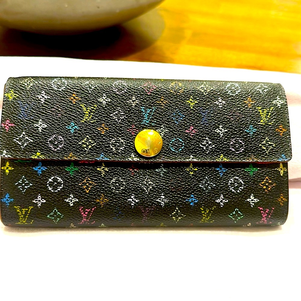 Authentic Louis Vuitton Black Murakami Wallet with Pink Interior